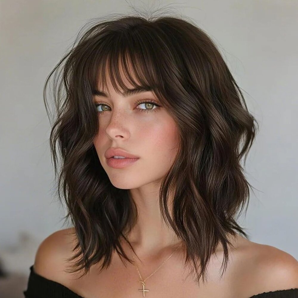 Dark Brown Wig with Bangs Bob Wigs for Women Short Wavy Curly Shoulder Length Wi